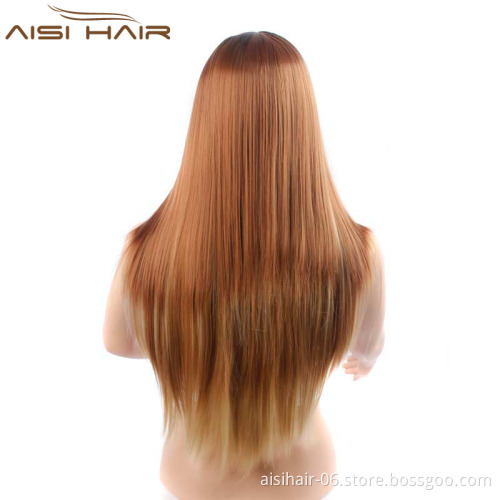 The Best Selling Long Straight Ombre Brown Wigs For Women With Dark Roots Heat Resistant Synthetic Wig